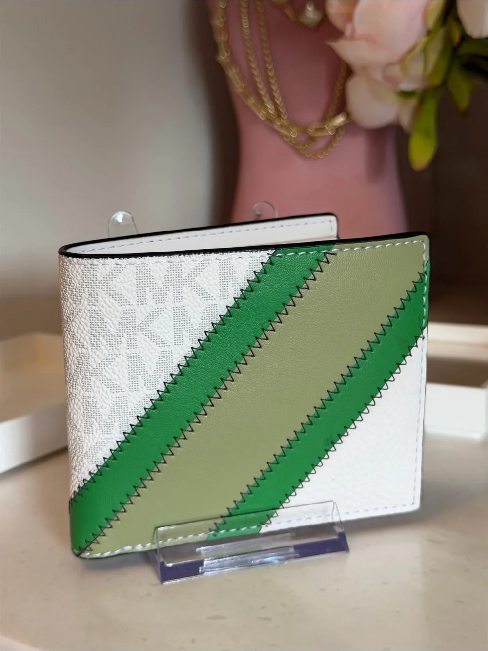 Michael Kors White Leather Bifold Wallet with Green Diagonal sport Stripes $178